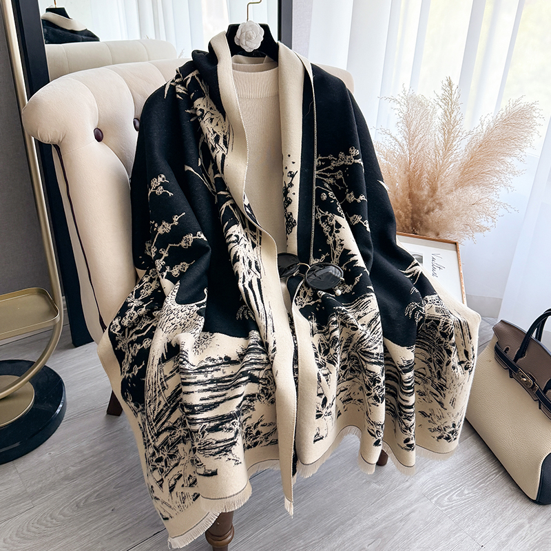 Woven Scarf Blanket - Women Winter Cashmere Scarf White Crane