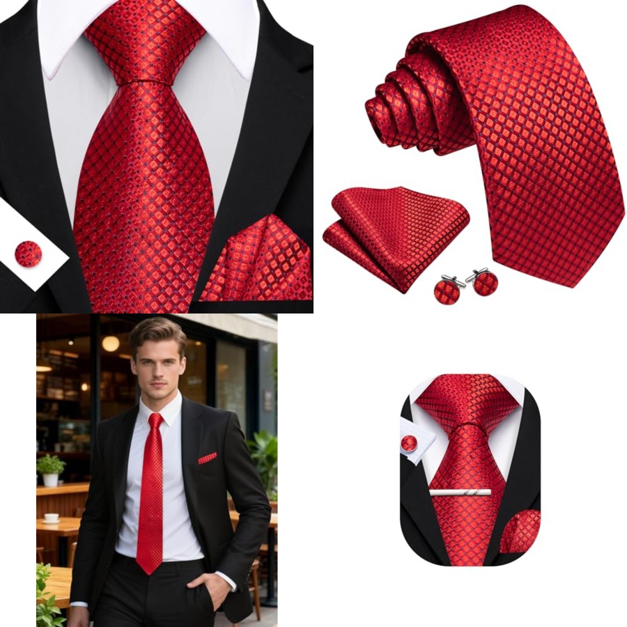 Men Plaid/Striped Ties Set Sil - Pocket Square Set のレビューと価格